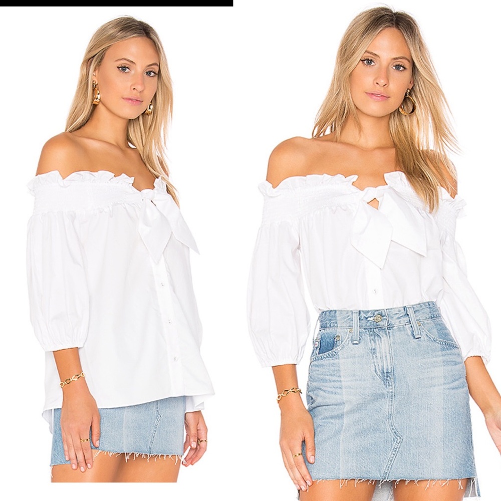 Parker off shoulder smocked ruffle cotton poplin blouse puff sleeve LAST PRICE
